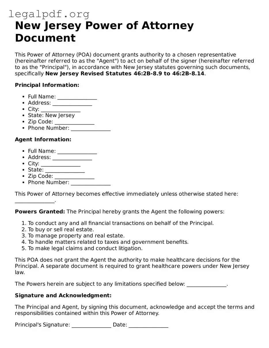 Valid  Power of Attorney Template for New Jersey