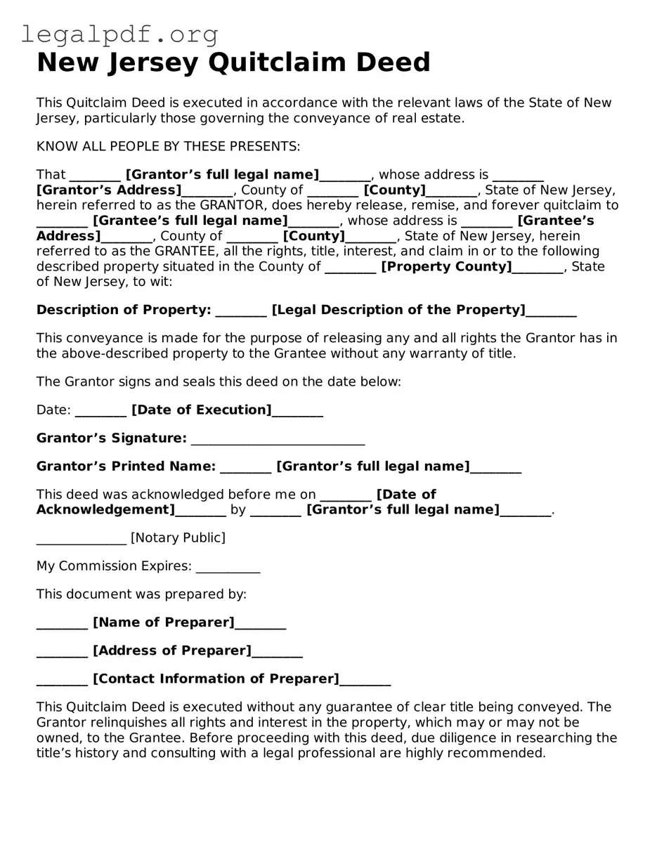 Valid  Quitclaim Deed Template for New Jersey