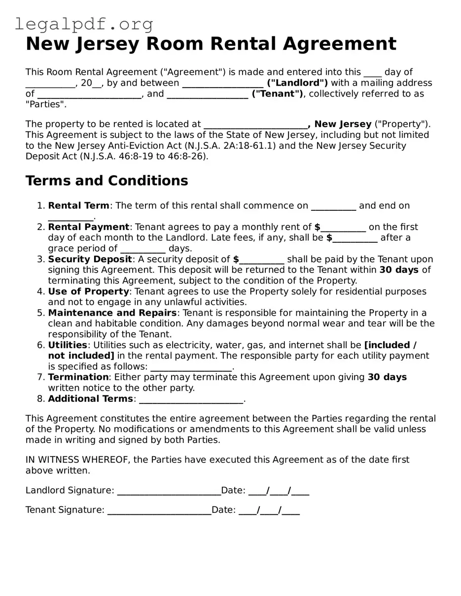 Valid  Room Rental Agreement Template for New Jersey