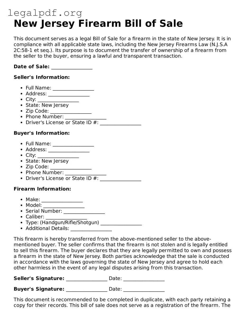 Valid  Firearm Bill of Sale Template for New Jersey