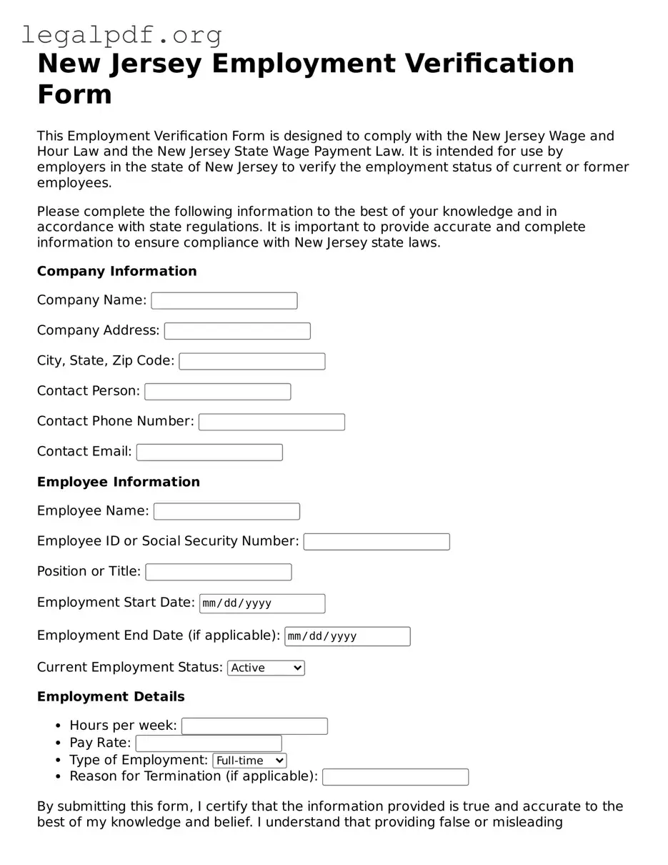 Valid  Employment Verification Template for New Jersey