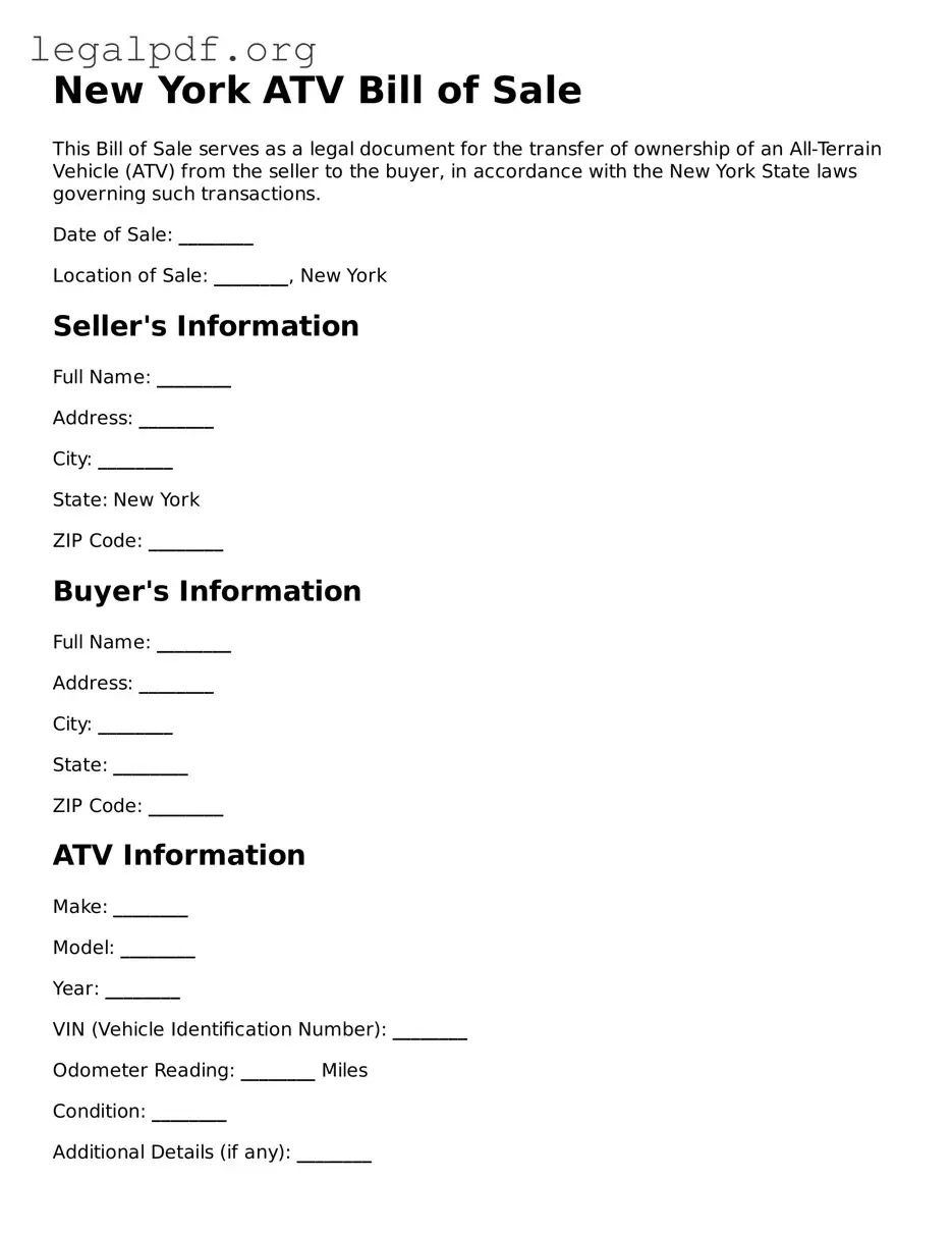 Valid  ATV Bill of Sale Template for New York