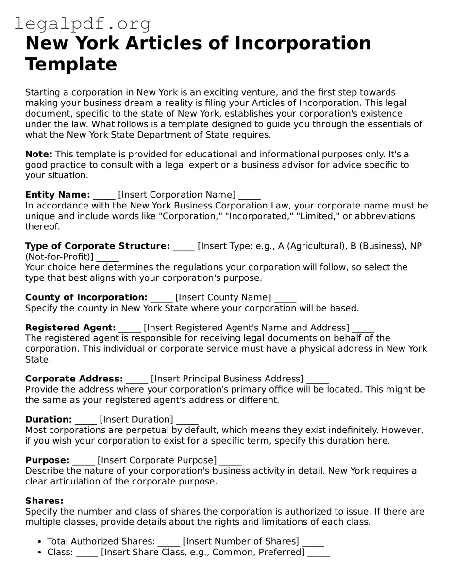 Valid  Articles of Incorporation Template for New York