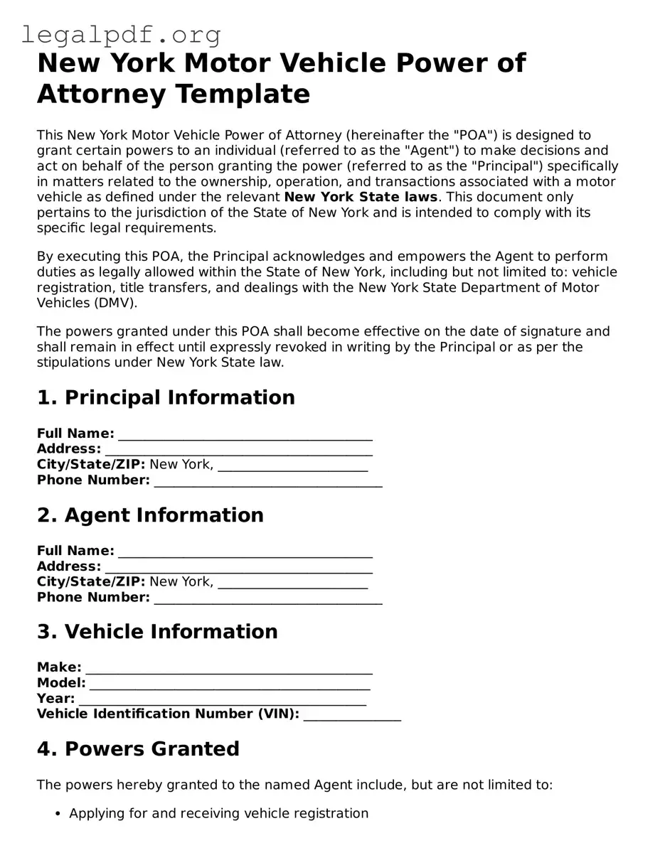 Valid  Motor Vehicle Power of Attorney Template for New York
