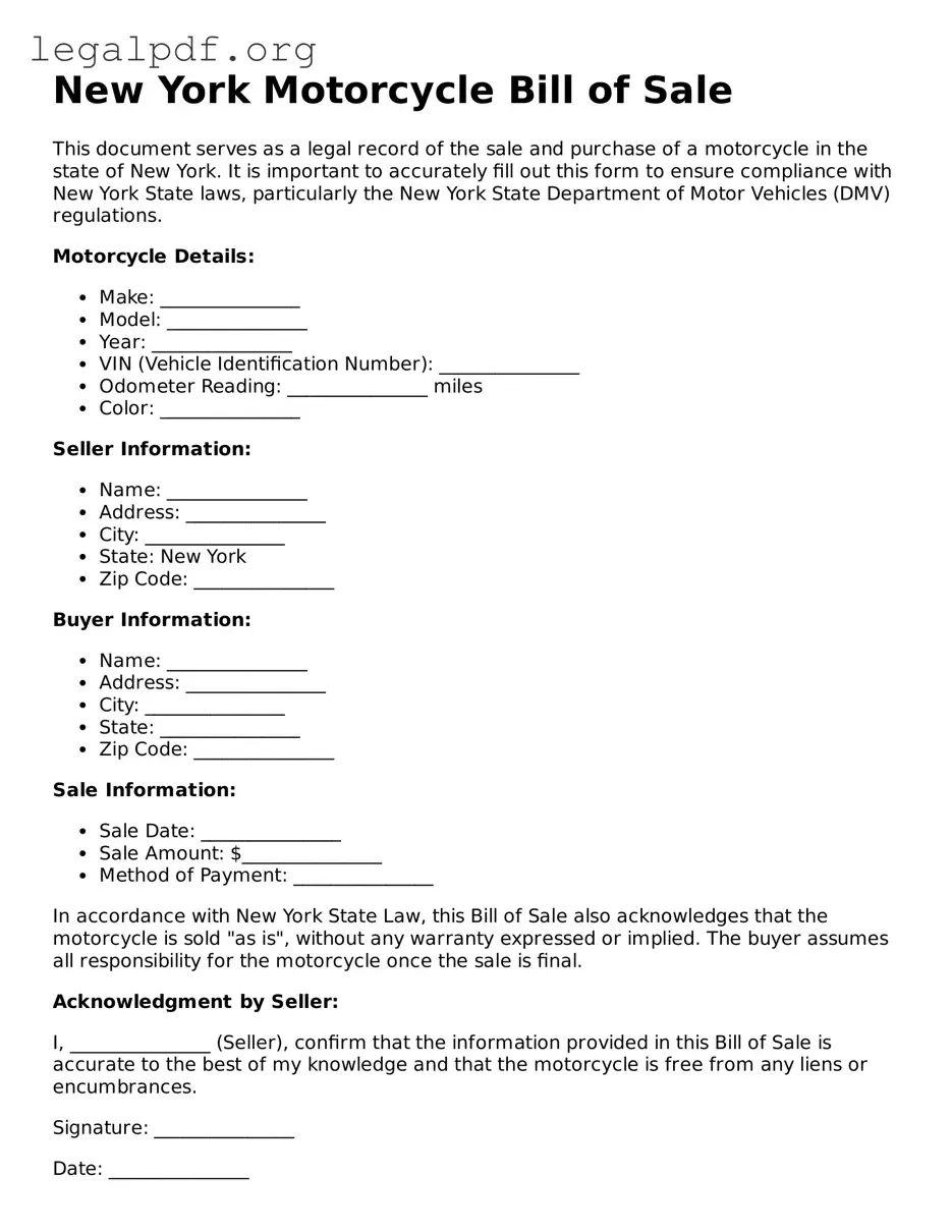 Valid  Motorcycle Bill of Sale Template for New York