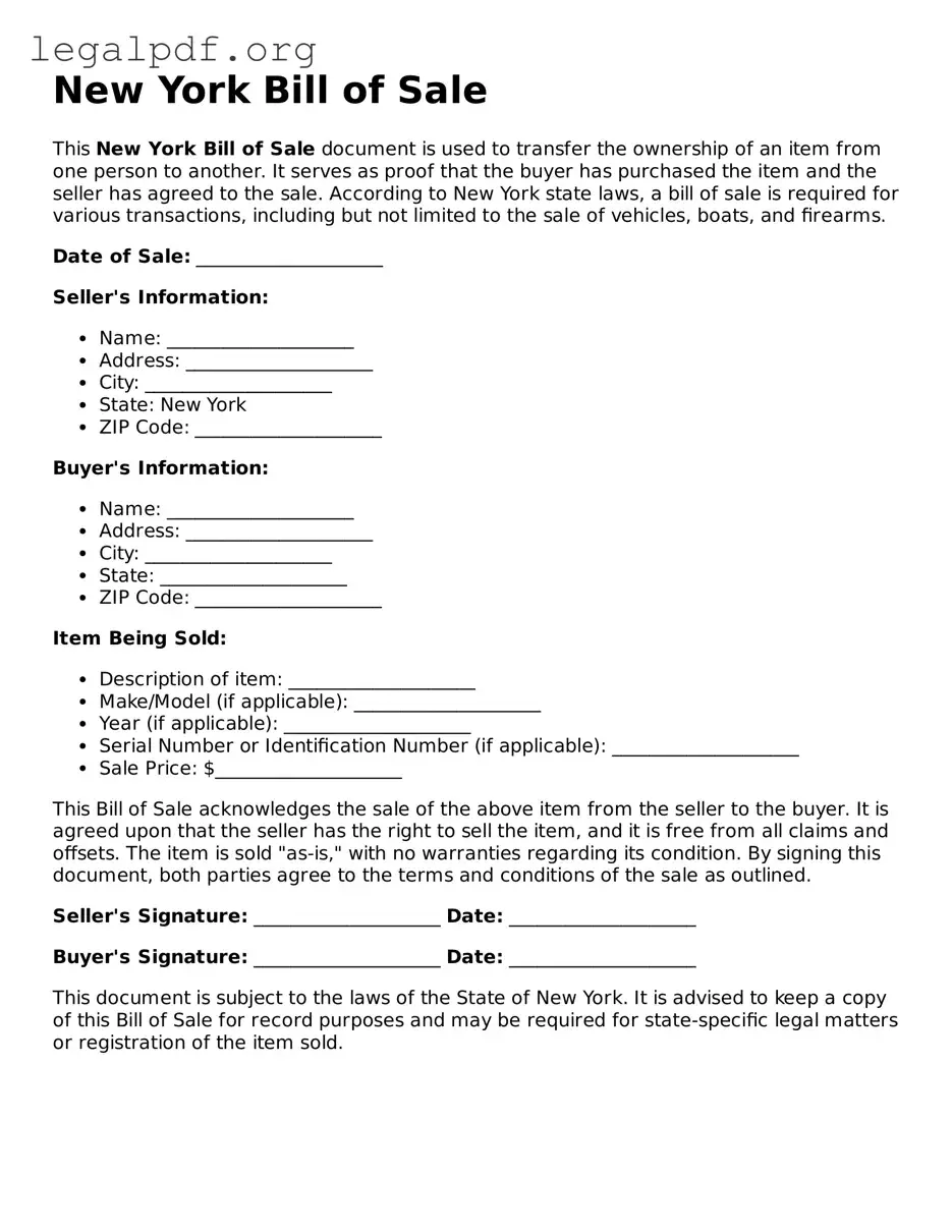 Valid  Bill of Sale Template for New York