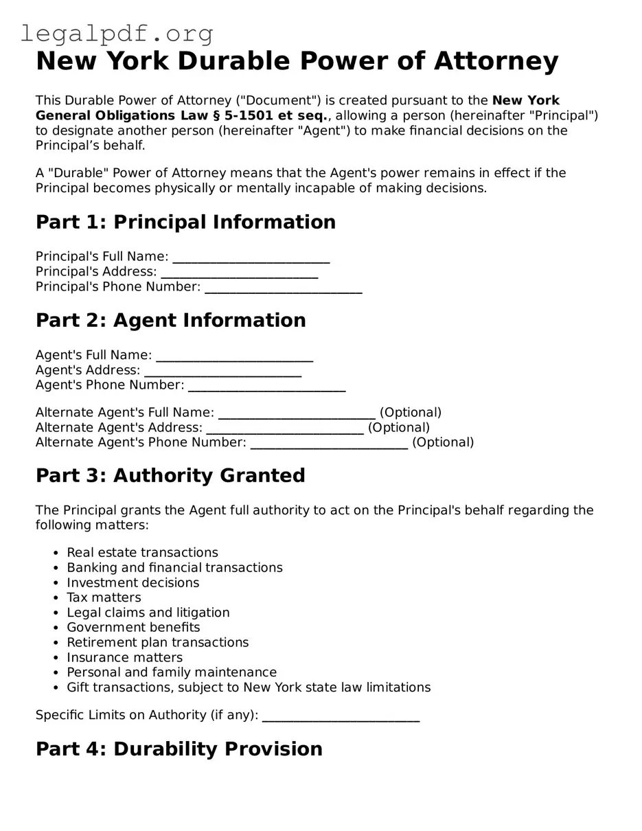 Valid  Durable Power of Attorney Template for New York
