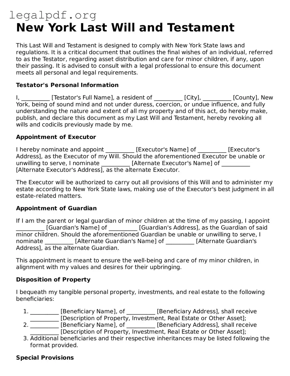 Valid  Last Will and Testament Template for New York