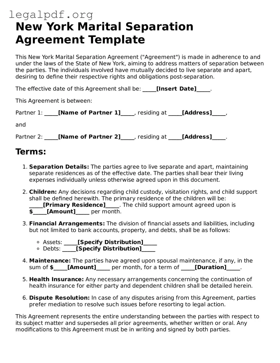 Valid  Marital Separation Agreement Template for New York