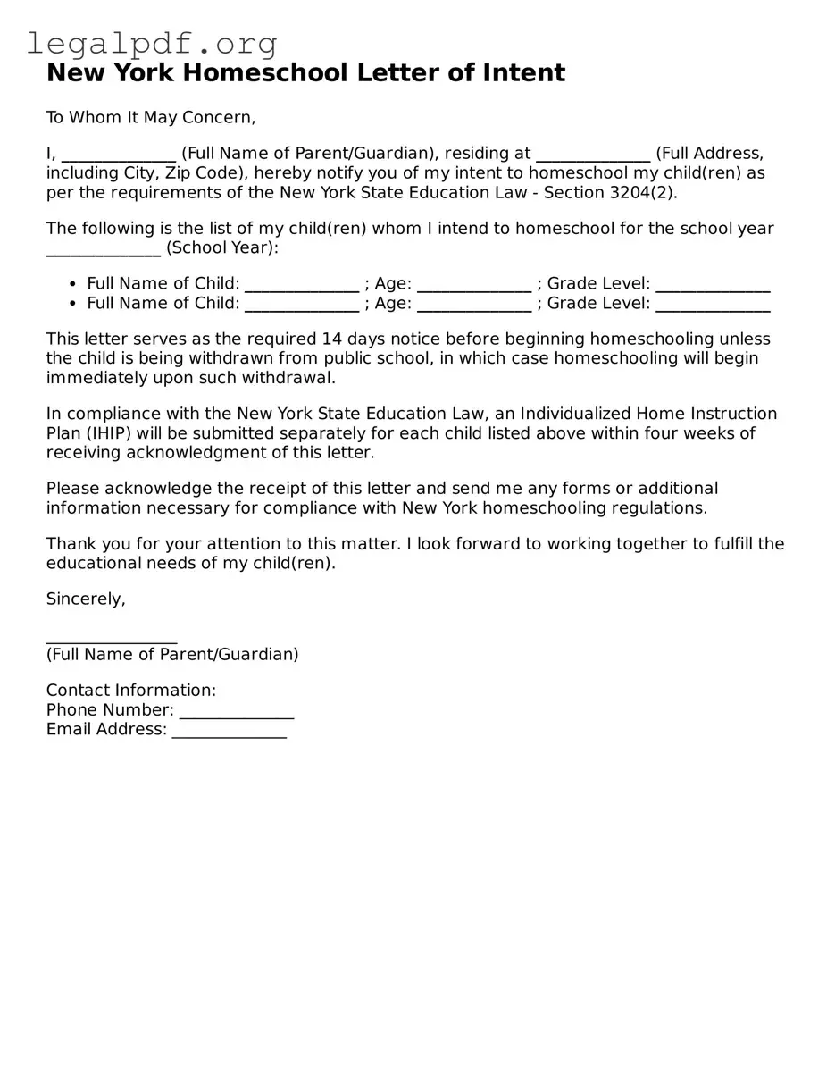 Valid  Homeschool Letter of Intent Template for New York