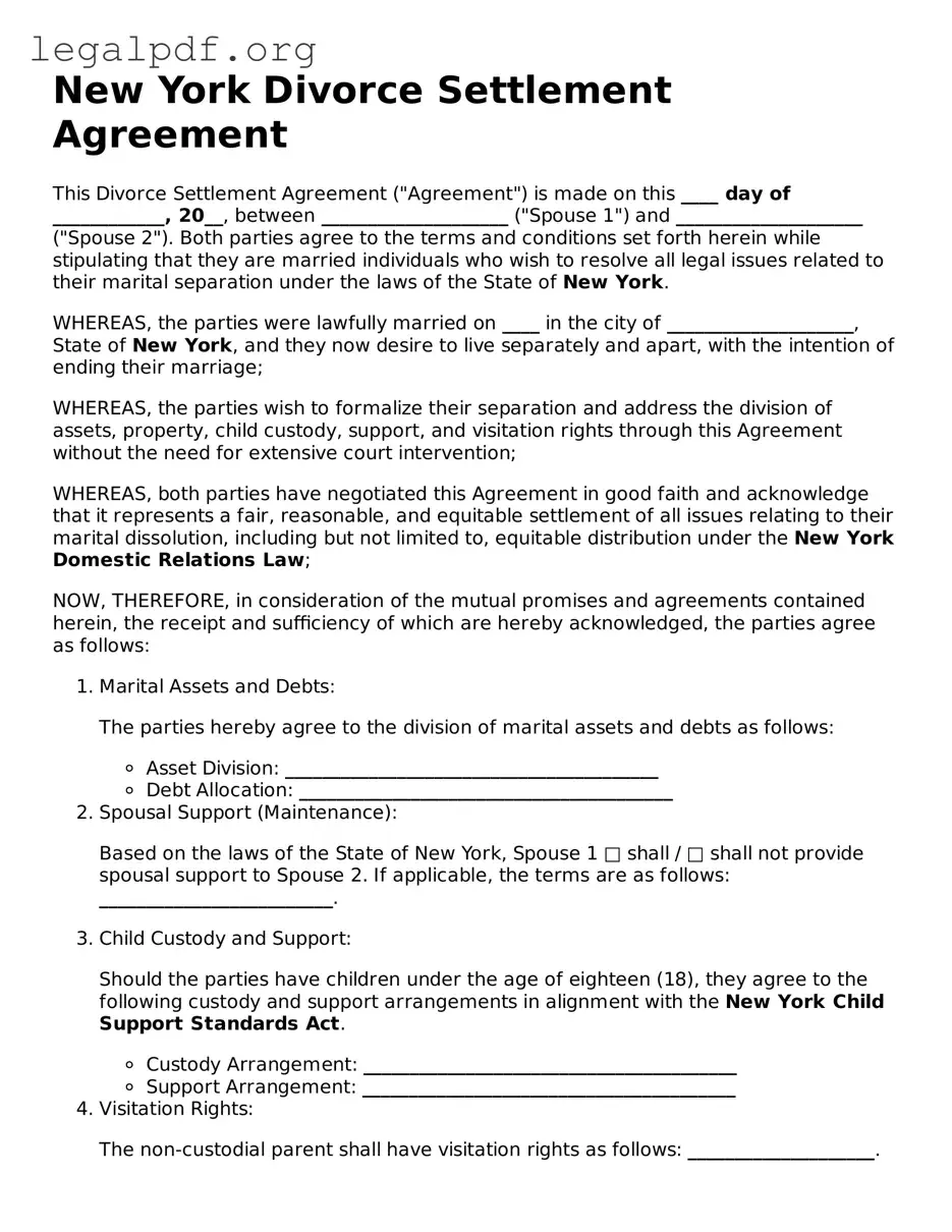 Valid  Divorce Settlement Agreement Template for New York