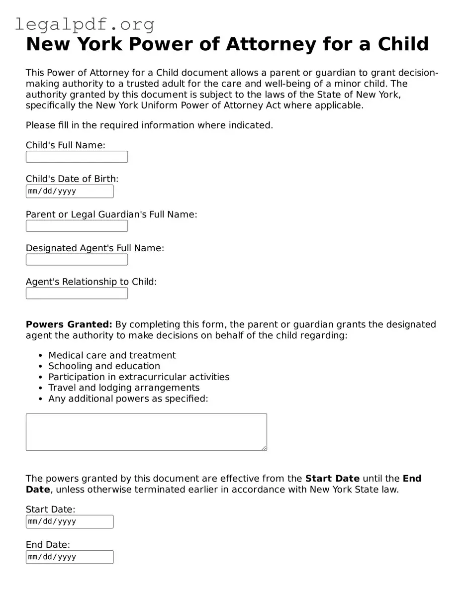 Valid  Power of Attorney for a Child Template for New York