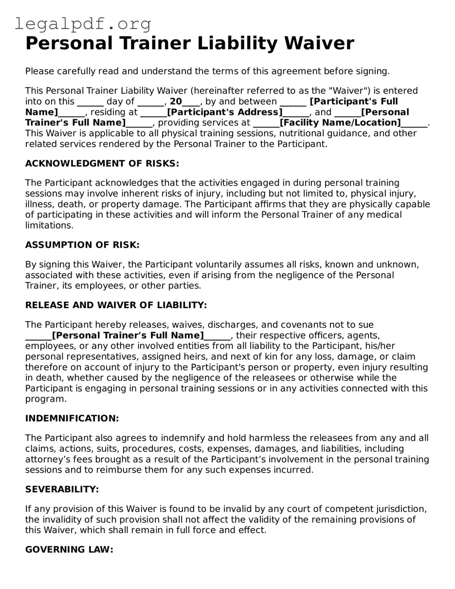 Blank Personal Trainer Liability Waiver Document