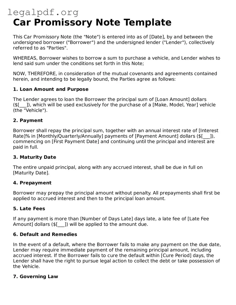 Blank Promissory Note for a Car Document