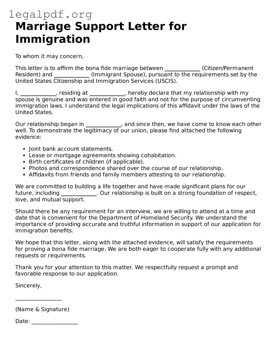 Blank Marriage Support Letter for Immigration Document