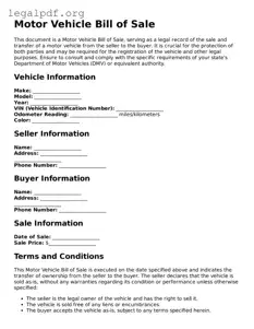 Blank Motor Vehicle Bill of Sale Document