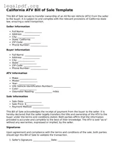 Valid  ATV Bill of Sale Template for California