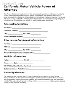 Valid  Motor Vehicle Power of Attorney Template for California