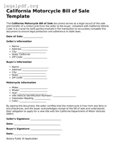 Valid  Motorcycle Bill of Sale Template for California