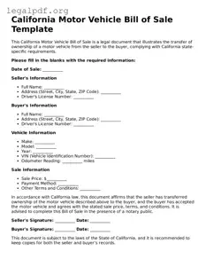 Valid  Motor Vehicle Bill of Sale Template for California