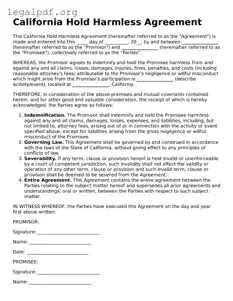 Valid  Hold Harmless Agreement Template for California