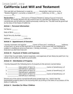 Valid  Last Will and Testament Template for California