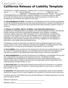 Valid  Release of Liability Template for California