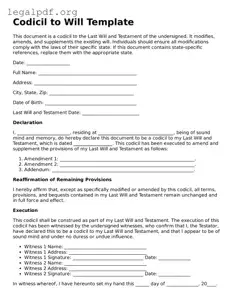 Blank Codicil to Will Document