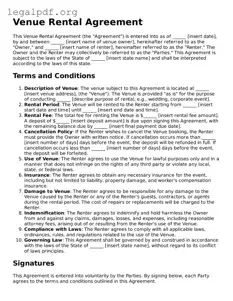 Blank Venue Rental Agreement Document