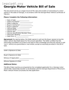 Valid  Motor Vehicle Bill of Sale Template for Georgia