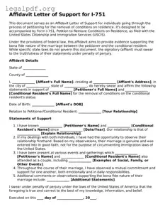 Blank Affidavit Letter of Support for I-751 Document
