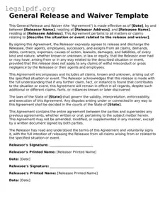 Blank General Release and Waiver Document