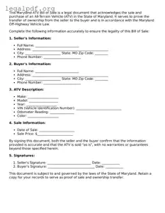 Valid  ATV Bill of Sale Template for Maryland