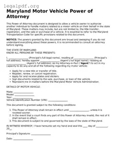 Valid  Motor Vehicle Power of Attorney Template for Maryland