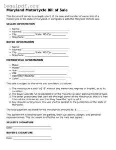 Valid  Motorcycle Bill of Sale Template for Maryland