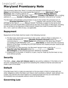 Valid  Promissory Note Template for Maryland