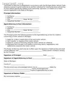 Valid  Motor Vehicle Power of Attorney Template for Michigan