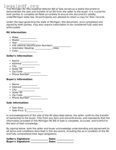Valid  RV Bill of Sale Template for Michigan