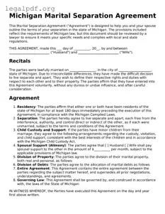 Valid  Marital Separation Agreement Template for Michigan