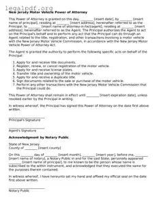 Valid  Motor Vehicle Power of Attorney Template for New Jersey
