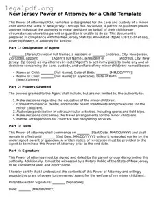 Valid  Power of Attorney for a Child Template for New Jersey