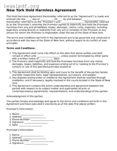 Valid  Hold Harmless Agreement Template for New York