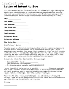 Blank Letter of Intent to Sue Document