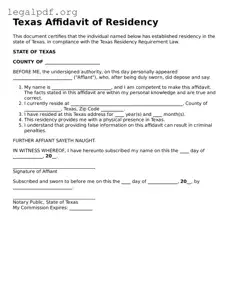 Valid  Affidavit of Residency Template for Texas
