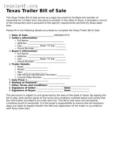 Valid  Trailer Bill of Sale Template for Texas