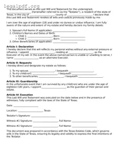 Valid  Last Will and Testament Template for Texas