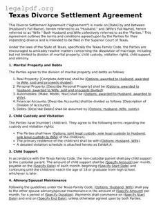 Valid  Divorce Settlement Agreement Template for Texas