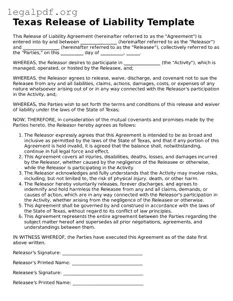 Valid  Release of Liability Template for Texas