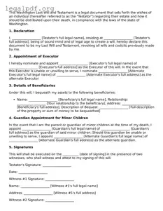 Valid  Last Will and Testament Template for Washington