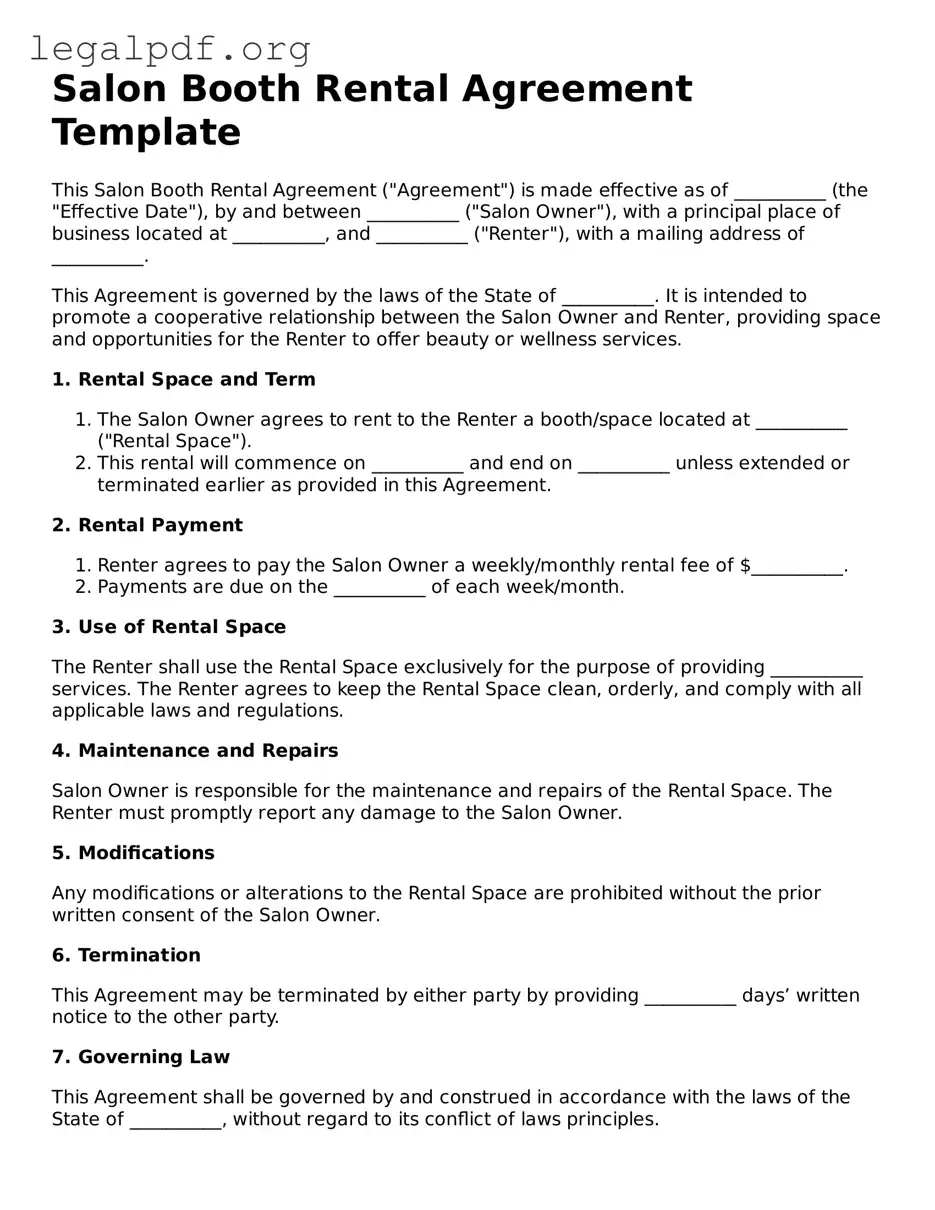 Blank Salon Booth Rental Agreement Document